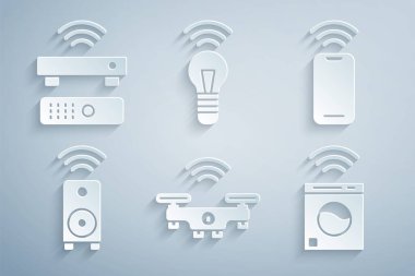 Akıllı İHA 'yı, kablosuz akıllı telefonu, stereo hoparlörü, çamaşır makinesini, ampulü ve televizyon kutusu ikonunu ayarla. Vektör
