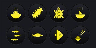 Balıklar, köpekbalığı yüzgeci çorbası, kaplumbağa, deniz hıyarı, suşi ve kirpi balığı ikonu. Vektör
