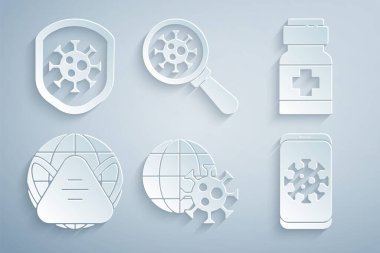 Dünya 'yı virüs, ilaç şişesi, ilaç, tıbbi maske, virüs istatistikleri ile büyüteç ve kalkanları ikondan koruma altına alın. Vektör