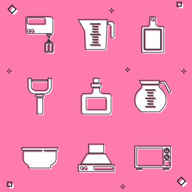 Elektrik mikseri, ölçü kabı, kesme tahtası, Soyucu, Sos şişesi, Kahve demliği, Bowl ve Kitchen vantilatör ikonu. Vektör