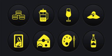 Müzede portre, zarif kadın şapkası, peynir, paletli boya fırçası, şarap bardağı, Fransız presi, şarap şişeleri ve makarna kurabiye ikonu. Vektör