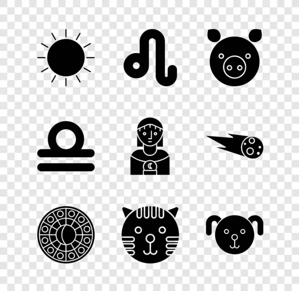 Set Sun, Leo Zodíaco, Porco, Círculo de horóscopo de astrologia, Tigre, Cão, Libra e ícone de mulher. Vetor —  Vetores de Stock