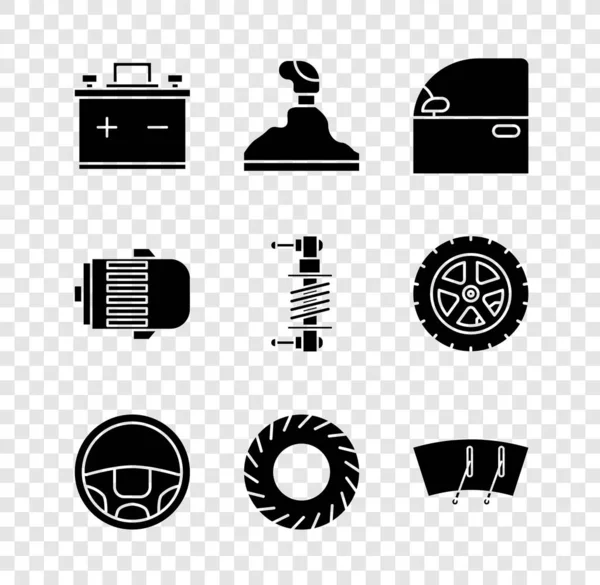 Definir bateria de carro, Gear shifter, porta, volante, pneu, limpador de pára-brisas, motor elétrico e ícone de amortecedor. Vetor — Vetor de Stock