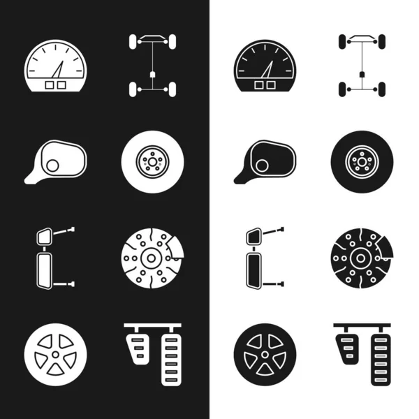 Set Disque de frein de voiture, miroir, indicateur de vitesse, voiture châssis, côté camion, avec étrier, gaz et pédales et icône de roue. Vecteur — Image vectorielle