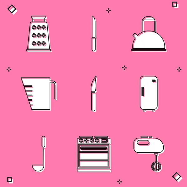 Grater, Knife, Kettle with handle, Ölçme kabı, Buzdolabı, Mutfak kepçesi ve fırın ikonu. Vektör — Stok Vektör