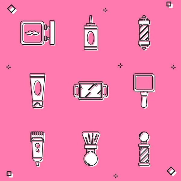 Set kapperszaak, fles shampoo, klassieke paal, crème of lotion cosmetische buis, handspiegel, elektrische tondeuse scheerapparaat en scheerkwast pictogram. Vector — Stockvector