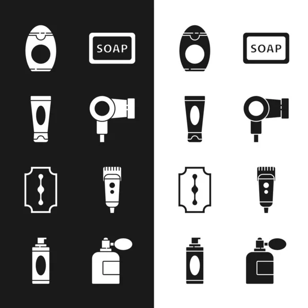 Saç kurutma makinesi, krem veya losyon kozmetik tüp, şampuan şişesi köpüklü sabun, tıraş makinesi, tıraş makinesi, tıraş losyonu şişesi atomizeri ve tıraş jeli ikonu. Vektör — Stok Vektör