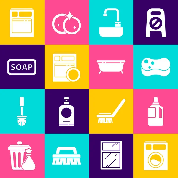 Set Washer, Fabric softener, Sponge, Washbasin with water tap, Kitchen dishwasher machine, Bar soap, and Bathtub icon. Vector — Vettoriale Stock