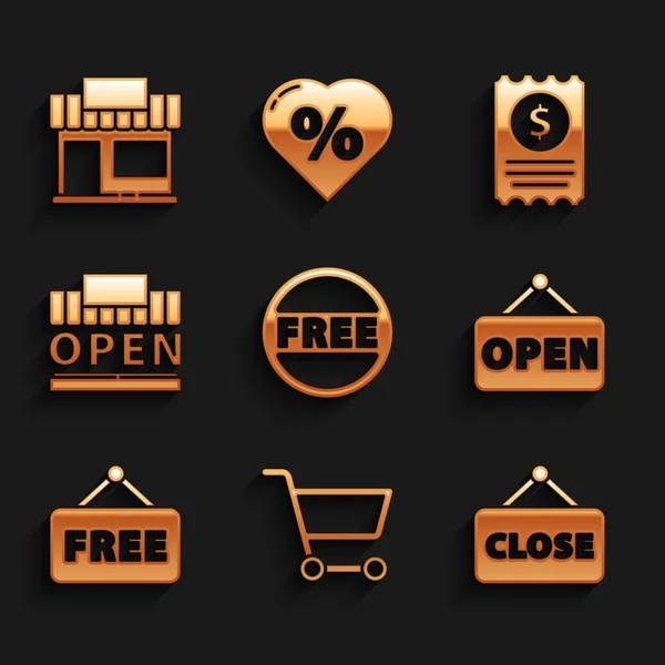 Set Price tag with Free, Shopping cart, Hanging sign Closed, Open, text, building and open, Paper check financial check and or market store icon. Vector —  Vetores de Stock