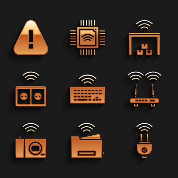 Set Draadloos toetsenbord, Smart printer, elektrische stekker, Router en wi-fi signaal, fotocamera, stopcontact, magazijn en uitroepteken driehoek pictogram. Vector — Stockvector