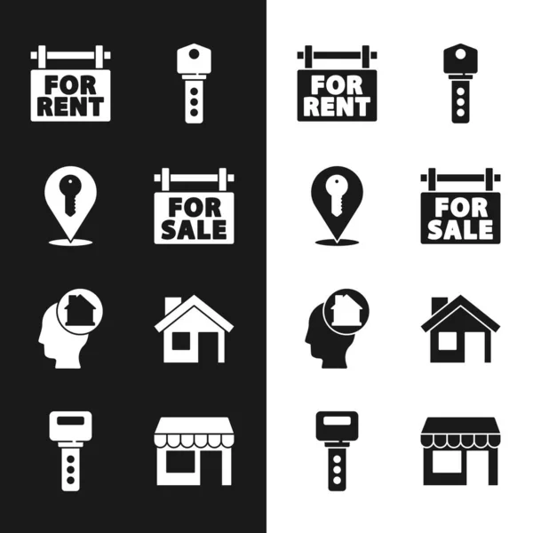 Hanging sign with For Sale, Location key, Rent, House, House, man dream to buy house, Market store and icon. Vector — 스톡 벡터
