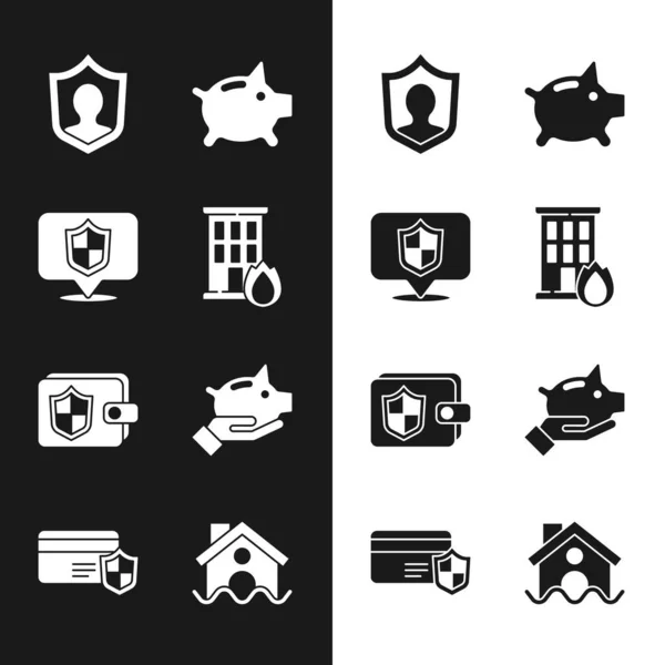 Set Fire in burning house, Location shield, Life insurance with, Piggy bank, Wallet, House flood and Credit card icon. Vector — Vetor de Stock