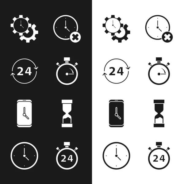 Stopwatch instellen, klok 24 uur, tijdbeheer, verwijderen, wekker app mobiel, oude zandloper, en pictogram. Vector — Stockvector