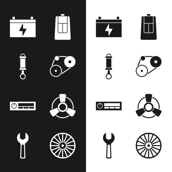 Set Timing belt kit, Schokdemper, Auto batterij, sleutel met afstandsbediening, Audio, motor ventilator, Legering wiel en moersleutel icoon. Vector — Stockvector