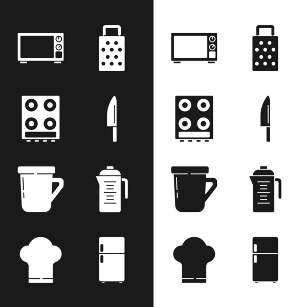 Set cuchillo, estufa de gas, horno microondas, rallador, taza de café, tetera, refrigerador y el icono del sombrero del chef. Vector — Vector de stock