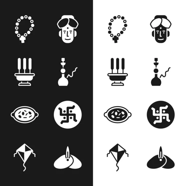 Set Hookah, wierookstokjes, Rozenkrans religie, Indiase man, Kheer in kom, Hindoe swastika, hoofddeksel tulband en Kite pictogram. Vector — Stockvector