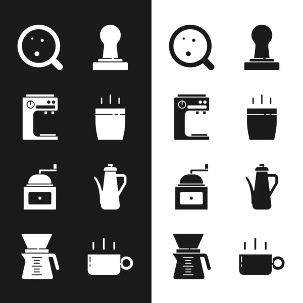 Set Coffee cup, machine, tamper, Manual coffee grinder, Teapot, and Pour over maker icon. Vector — Stock Vector