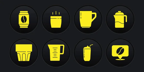 Sulu bardaklar, Fransız presi, sürahi bardağı, milkshake, kahve fincanı, kahve çekirdeği ve poşet fasulye ikonu. Vektör — Stok Vektör