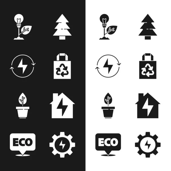 Set Paper bag with recycle, Lightning bolt, bulb leaf, Christmas tree, Plant pot, House and lightning, Gear and Label for eco healthy food icon. Vector — Stock Vector