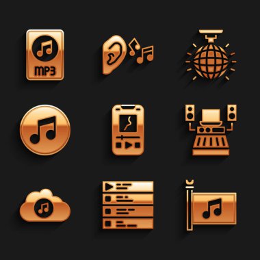 Set Müzik çalar, müzik listesi, festival bayrağı, kayıt stüdyosu, yayın servisi, nota, ton, disko topu ve MP3 dosya simgesi. Vektör