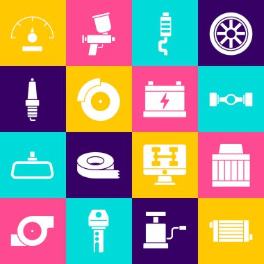 Araba radyatör soğutma sistemini, hava filtresini, Chassis arabasını, susturucuyu, fren diskini kalibre, buji, hız göstergesi ve pil simgesini ayarla. Vektör