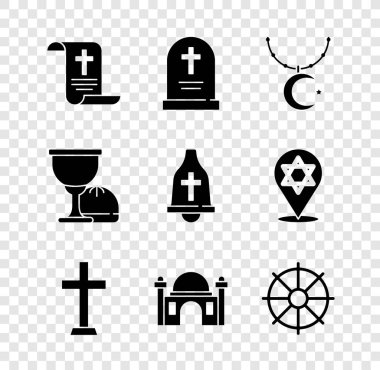 KHK, kağıt, parşömen, parşömen, haçlı Tombstone, yıldız ve hilal zinciri, Hristiyan, Müslüman Camisi, Dharma çarkı, Kutsal Kase veya Kadeh ve kilise ikonu. Vektör