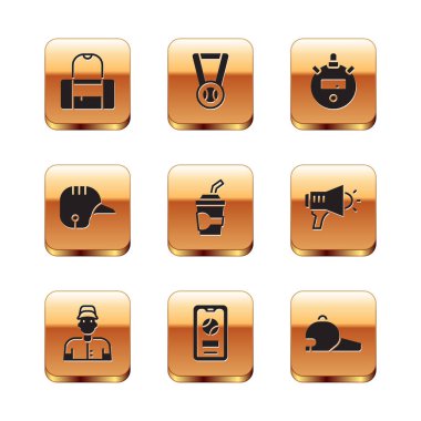 Spor çantası, beyzbolcu, beyzbollu mobil, cam su, miğfer, Stopwatch, şapka ve madalya ikonu. Vektör