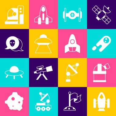 Roket gemisi, Astronomik Gözlemevi, Kuyruklu yıldız hızla düşüyor, Kozmik, UFO uçan uzay gemisi, Uzaylı, astronot miğferi ve simgesi. Vektör