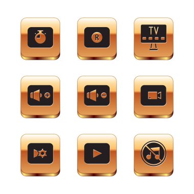 Stopwatch, Music or video ayarları, Play butonu, Hoparlör sesi, ses, Akıllı TV ve Kayıt simgesi ayarlayın. Vektör