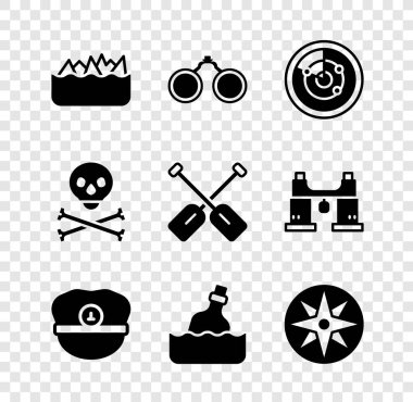 Keskin taş resifleri, dürbünler hedefli radarlar, Kaptan şapkası, şişe mesajı suyu rüzgar gülü, kafatası çapraz kemikleri ve Paddle simgesi. Vektör