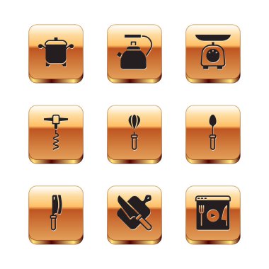 Yemek tenceresi, et helikopteri, kesme tahtası ve bıçak, mutfak çırpısı, şarap tirbuşonu, pullar, canlı yayın ve ikonlu Kettle. Vektör