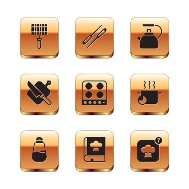 Barbekü ızgarası, tuz, yemek kitabı, gaz ocağı, kesme tahtası ve bıçak saplı kettle, şef şapkası ve yemek çubuğu ikonu. Vektör