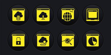 Sitenizi HTTPS, SSL, Laptop tarayıcı penceresi, Bulut teknolojisi veri transferi, Website borsası, arama motoru, yükleme, grafik bilgisi ve simgesi ile güvene alın. Vektör