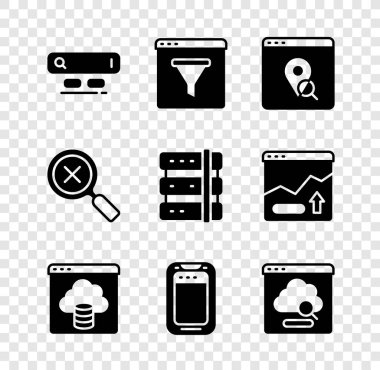 Arama motorunu ayarla, Tarayıcı penceresi, şehir haritası bilgileri, Bulut teknolojisi veri transferi, cep telefonu, büyüteç ve silme simgesi ve sunucu simgesi. Vektör