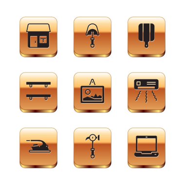 House, Electric iron, Hammer, Picture, boş ahşap raflar, kesme tahtası, dizüstü bilgisayar ve Spatula ikonu. Vektör