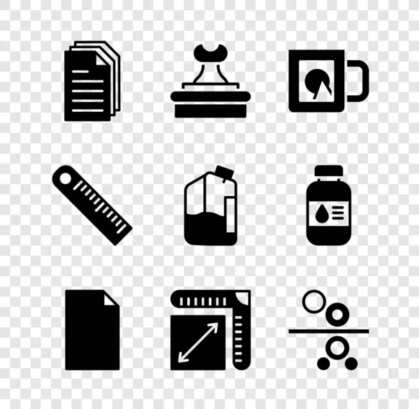 Set File document, Stempel, Koffiebeker, Leeg, Papierformaat, roll printing pers, Heerser en Printer inkt fles pictogram. Vector — Stockvector