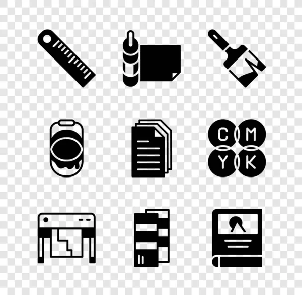 Set Heerser, Roll van papier, Paint borstel, Plotter, Pantone, Fotoalbum galerij, emmer en File document pictogram. Vector — Stockvector