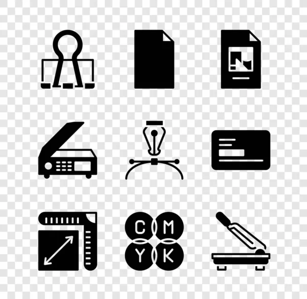 Establecer clip Binder, documento vacío, archivo, tamaño de papel, mezcla de colores CMYK, cortador, escáner y pluma estilográfica icono. Vector — Archivo Imágenes Vectoriales