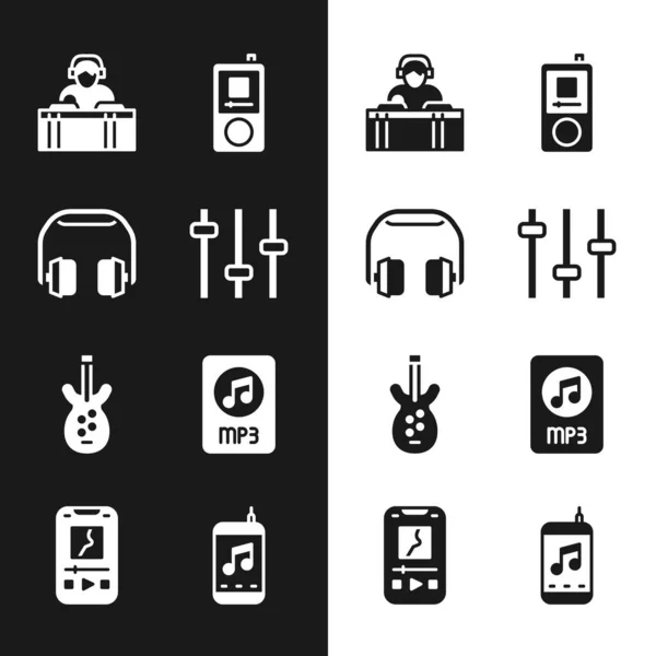 Set Music equalizer, Headphones, DJ playing music, player, Electric bass guitar, MP3 file document, and icon. Vector —  Vetores de Stock