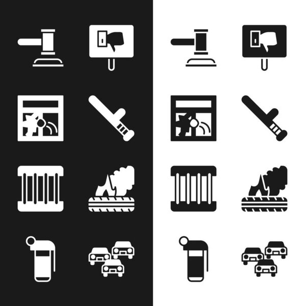 Set Police rubber baton, Broken window, Judge gavel, Protest, Prison, Lying burning tires, Traffic jam and Hand grenade icon. Vector