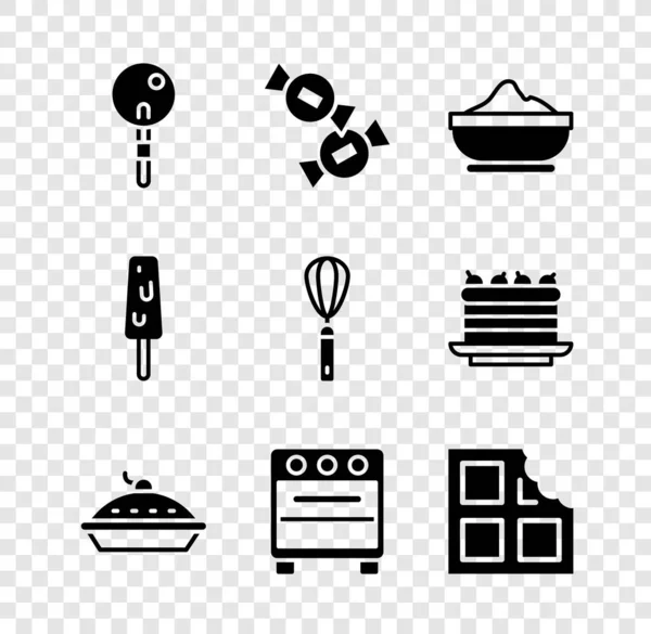 Lollipop, Candy, Flour bowl, Homemade pie, Oven, Chocolate bar, Ice cream, Kitchen whisk icon. Vector — 스톡 벡터