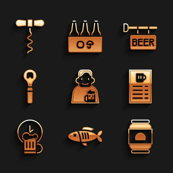 Set Homem feliz com cerveja, peixe seco, lata de cerveja, menu, hora, abridor de garrafas, tabuleta de rua e ícone de saca-rolhas de vinho. Vetor —  Vetores de Stock