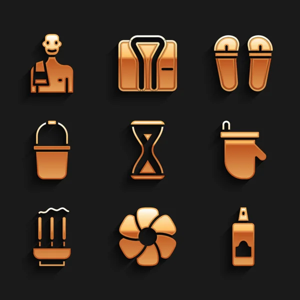 Set Sauna hourglass, Flower, Spray can for hairspray, mittens, Incense sticks, bucket, Flip flops and Man in the sauna icon. Vector — 图库矢量图片