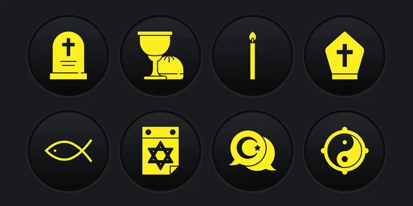 Set Christian fish, Pope hat, Jewish calendar, Star and crescent, Burning candle, Holy grail or chalice, Yin Yang and Tombstone with cross icon. Vector — Stockvektor