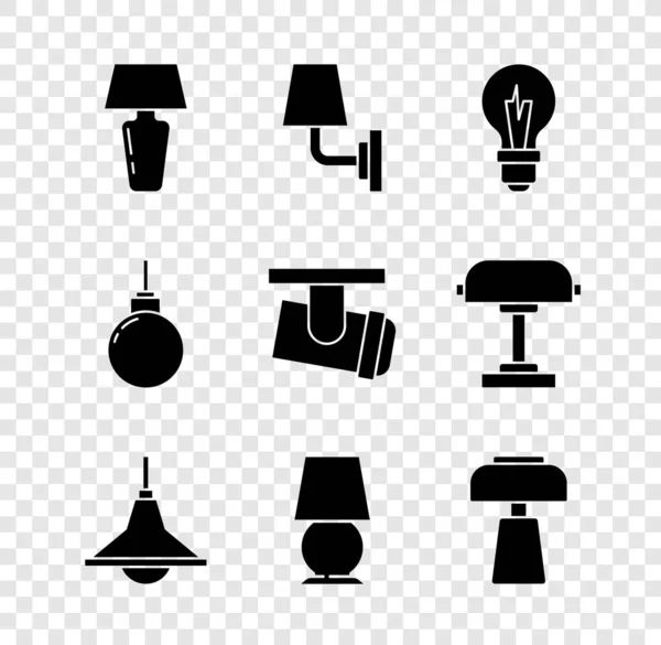 Set Tafellamp, Wall or sconce, gloeilamp, kroonluchter, Lamp opknoping en LED track lampen pictogram. Vector — Stockvector