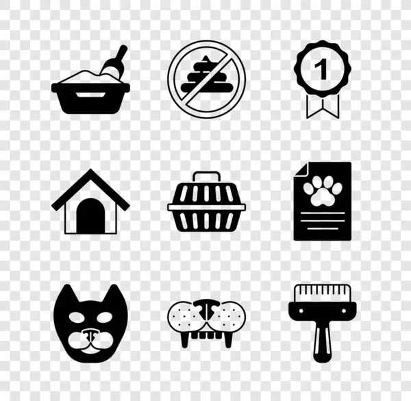 Set Cat litter tray with shovel, No shit, Dog award symbol, tooth, Hair brush for dog and cat, house and Pet carry case icon. Vector — Vector de stock