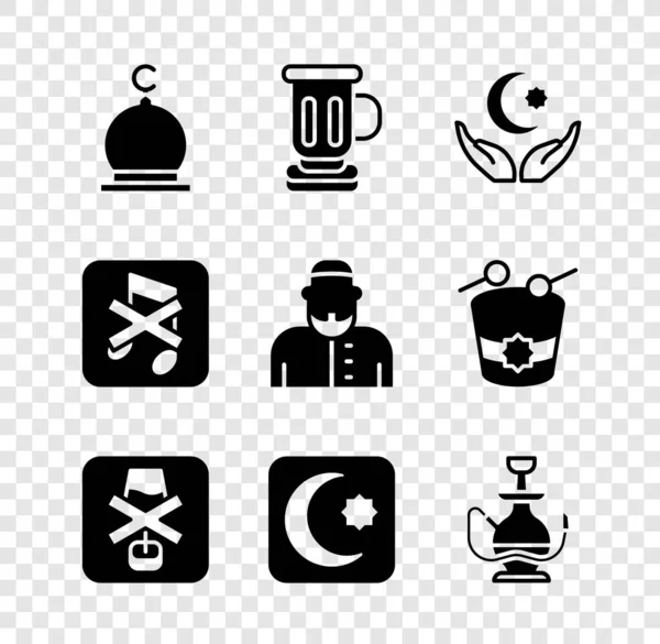 Set Moschea musulmana, calice medievale, stella e mezzaluna, senza alcol, narghilè, Speaker muto e icona dell'uomo. Vettore — Vettoriale Stock