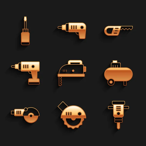 Set Elektrische decoupeerzaag, cirkelzaag, Bouw drilboor, Luchtcompressor, Hoekfrees, accuschroevendraaier, Reciprocating en Schroevendraaier icoon. Vector — Stockvector