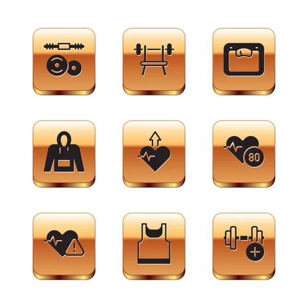 Set Barbell, Heart rate, Sleeveless t-shirt, Heartbeat increase, Hoodie, Bathroom scales, Dumbbell and Bench with barbell icon. Vector — Vettoriale Stock
