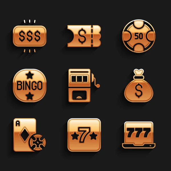 Ρυθμίστε Κουλοχέρη, υποδοχή Καζίνο, Laptop και, Τσάντα χρημάτων, chip playing cards, Bingo, μάρκες και το εικονίδιο του καζίνο βραβείο. Διάνυσμα — Διανυσματικό Αρχείο